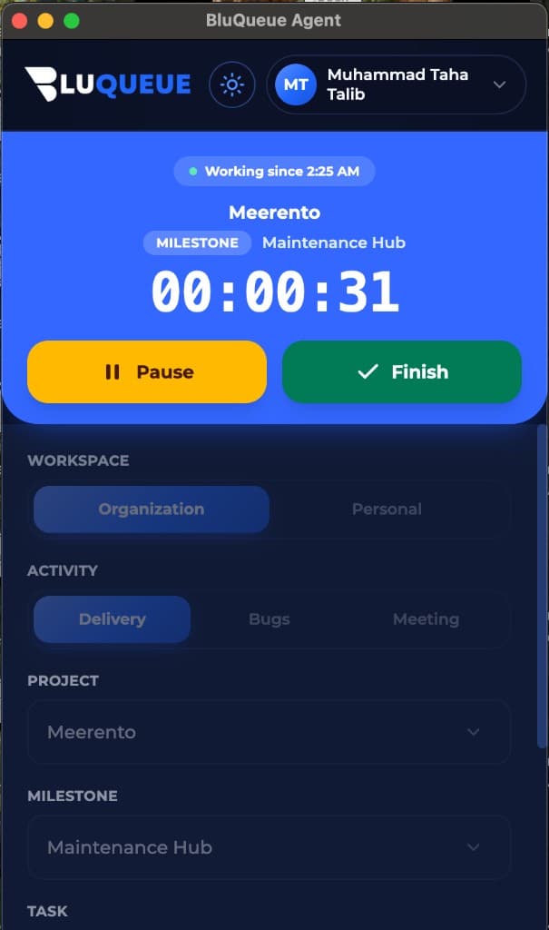 BluQueue desktop agent tracking a live work session