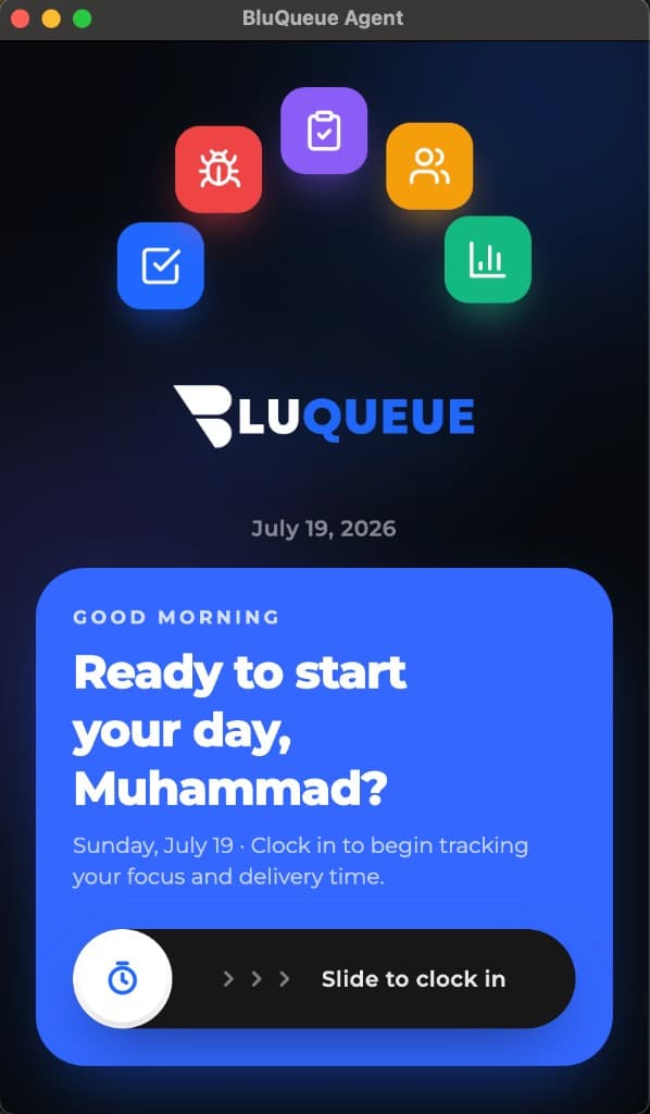 BluQueue desktop agent ready-to-start clock-in screen
