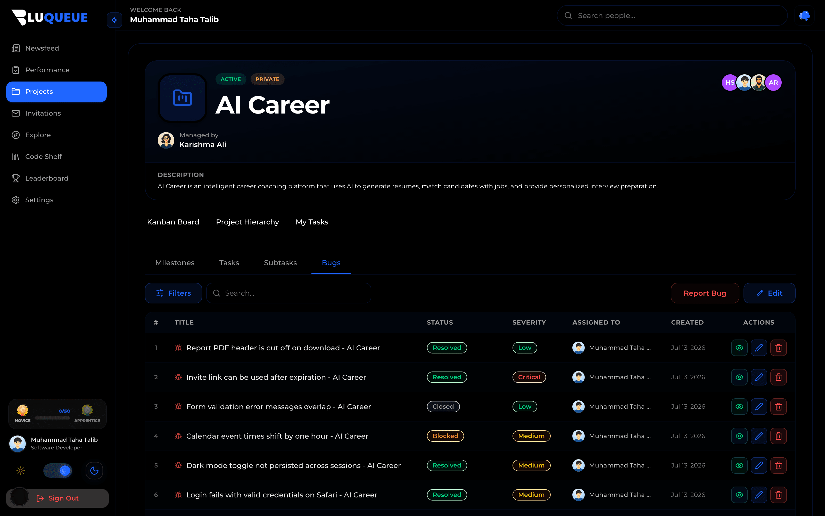 Bug Tracking Interface